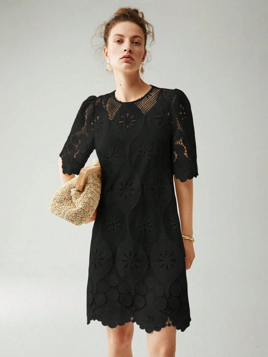 CM-DS636852 Women Elegant Seoul Style Round Neck Half Sleeve Lace Overlay Dress - Black