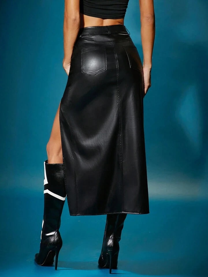 CM-BS439405 Women Elegant Seoul Style Split Thigh PU Leather Skirt - Black