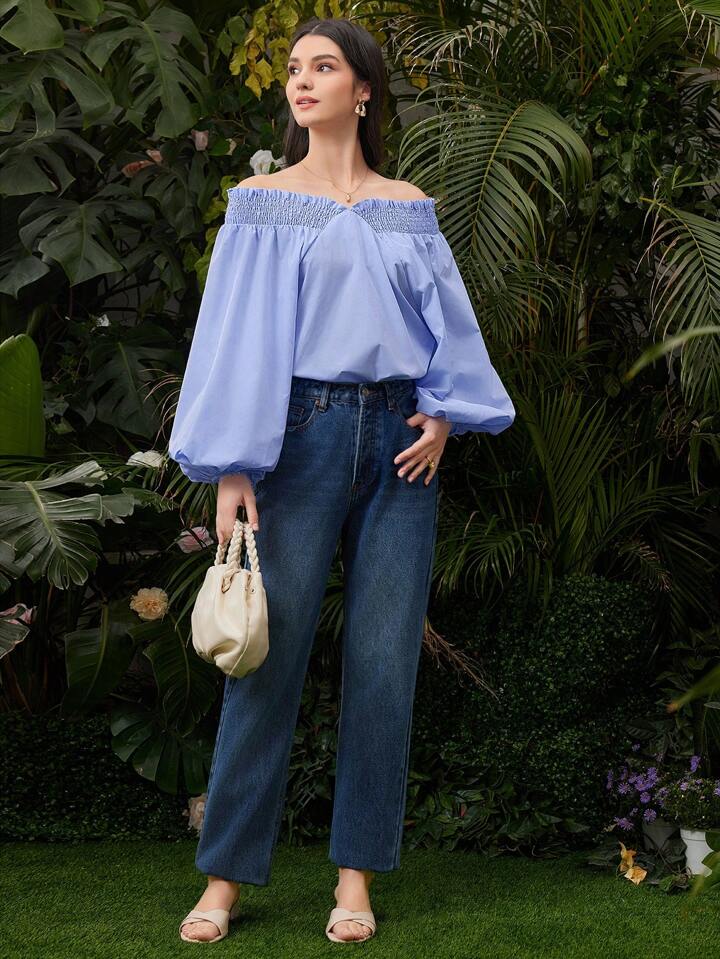CM-TS936275 Women Casual Seoul Style Off Shoulder Lantern Sleeve Shirt - Blue