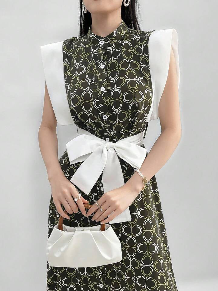 CM-DS906166 Women Casual Seoul Style Stand Collar Sleeveless Geometric Printed Patchwork A-Line Dress
