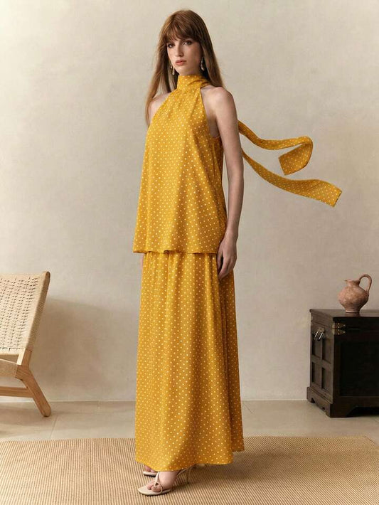 CM-SS174690 Women Trendy Bohemian Style Chiffon Polka Dot Print Sleeveless Halter Neck Top With Skirt - Set