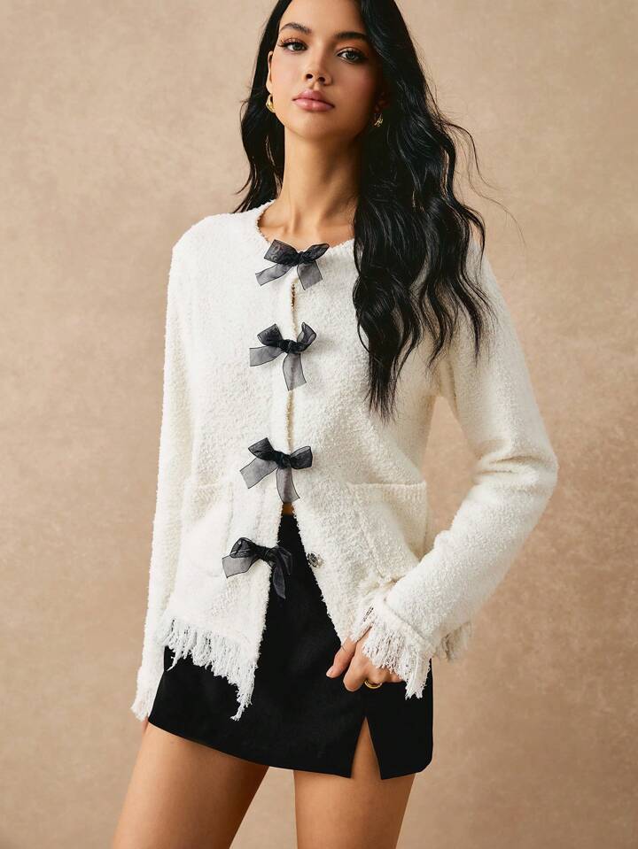 CM-CS281341 Women Casual Seoul Style Color Blocking Long Sleeve Fringe Trim Cardigan - White