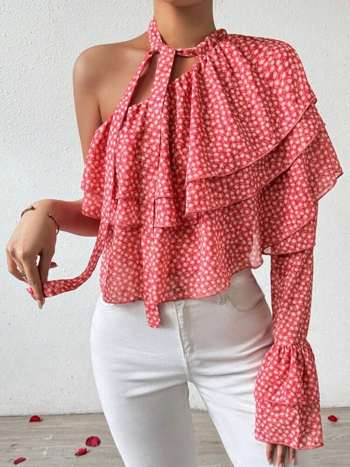 CM-TS285877 Women Trendy Bohemian Style One-Shoulder Floral Print Ruffle Trim Blouse - Pink
