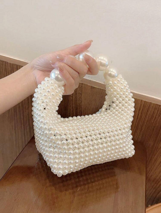 CM-BGS894163 Women Trendy Seoul Style Beaded Faux Pearl Evening Handbags - White