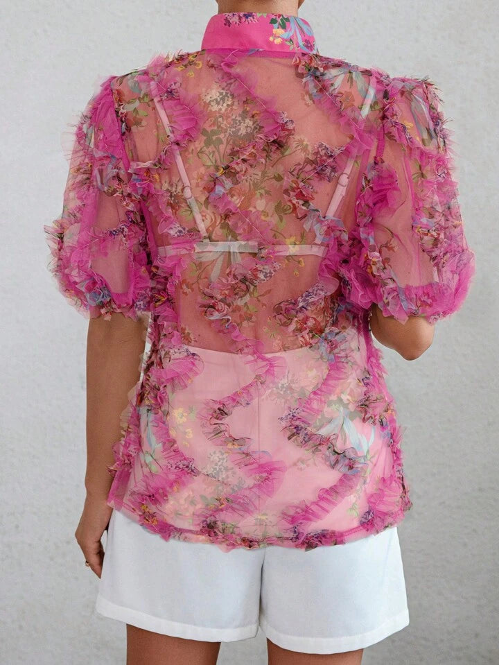 CM-TS700087 Women Trendy Bohemian Style Floral Printed See-Through Short Sleeve Shirt - Hot Pink