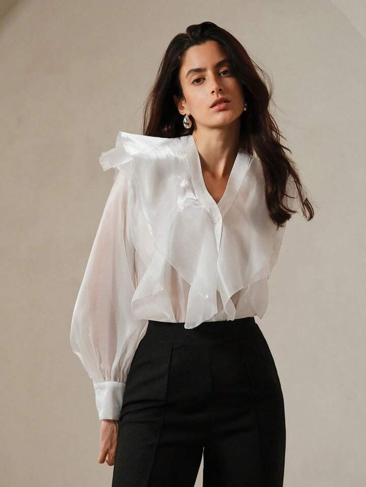 CM-TS150474 Women Elegant Seoul Style V-Neck Multi-Layered Bubble Sleeve Blouse - White