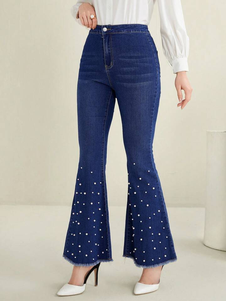 CM-BS264344 Women Casual Seoul Style Dark Wash Pearl Decor Fringe Hem Flared Jeans