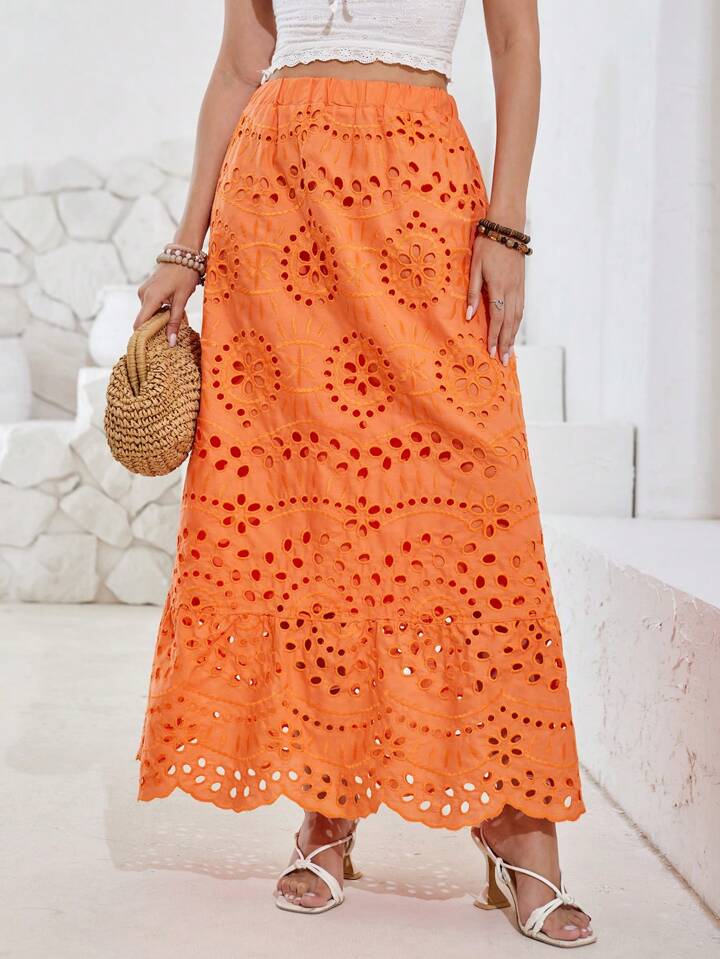 CM-BS622922 Women Trendy Bohemia Style Cut-Out Embroidered Long Skirt - Orange