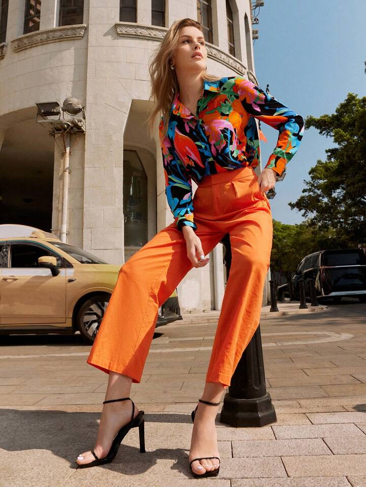 CM-TS171016 Women Casual Seoul Style Floral Printed Button Front Long Sleeve Shirt