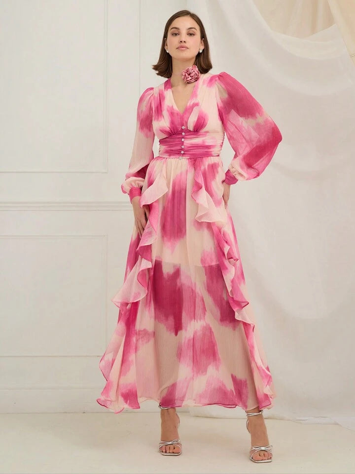 CM-DS202733 Women Elegant Seoul Style V-Neck Front Button Long Sleeve Printing Ruffle Hem Dress - Pink