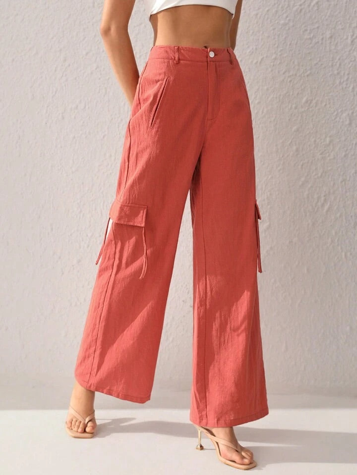 CM-BS279733 Women Trendy Bohemian Style Pocket Straigh-Legged Pants - Orange