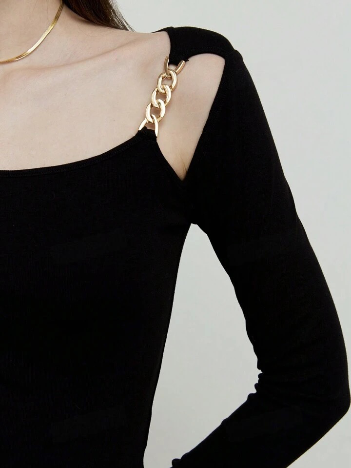 CM-TS175782 Women Casual Seoul Style Chain Strap Off-The-Shoulder Knitted Long-Sleeved T-Shirt