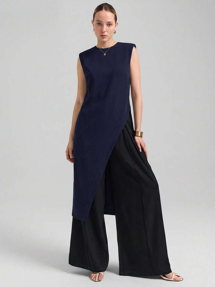CM-TS650348 Women Casual Seoul Style Round Neck Wide Shoulder Sleeveless Asymmetric Hem Mid-Length Top - Navy Blue