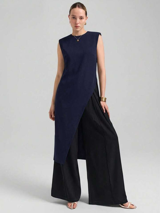 CM-TS650348 Women Casual Seoul Style Round Neck Wide Shoulder Sleeveless Asymmetric Hem Mid-Length Top - Navy Blue