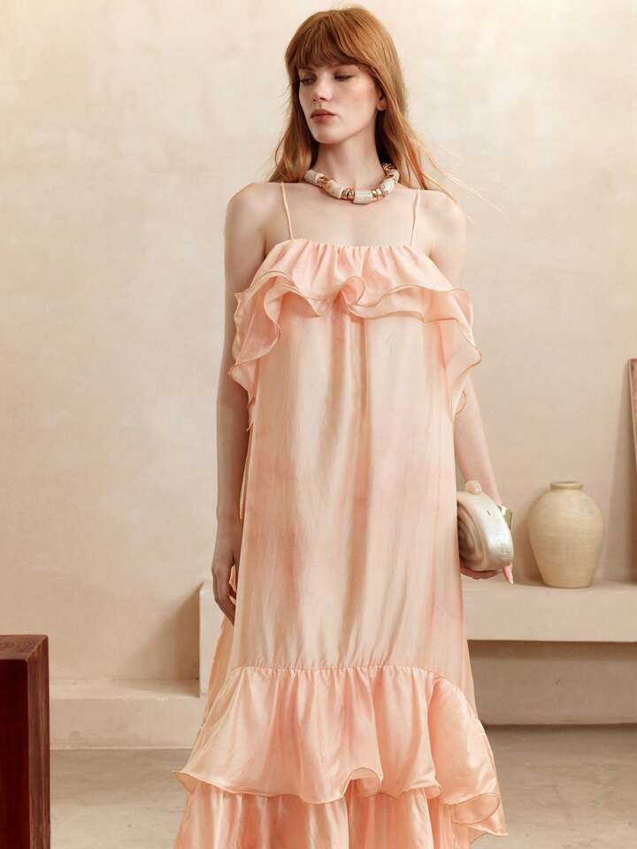 CM-DS766988 Women Trendy Bohemian Styel Oganza Tie-Dye Ombre Off-The-Shoulder Ruffle Hem Camisole Maxi Dress