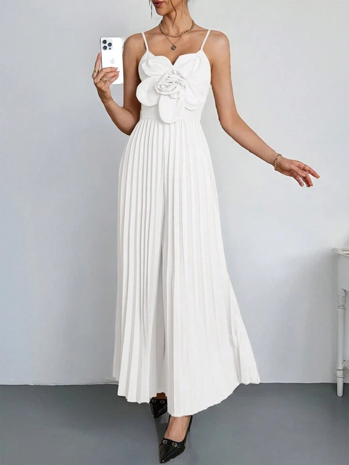 CM-JS250494 Women Elegant Seoul Style V-Neck Spaghetti Strap 3D Floral Wide Leg Jumpsuit - White