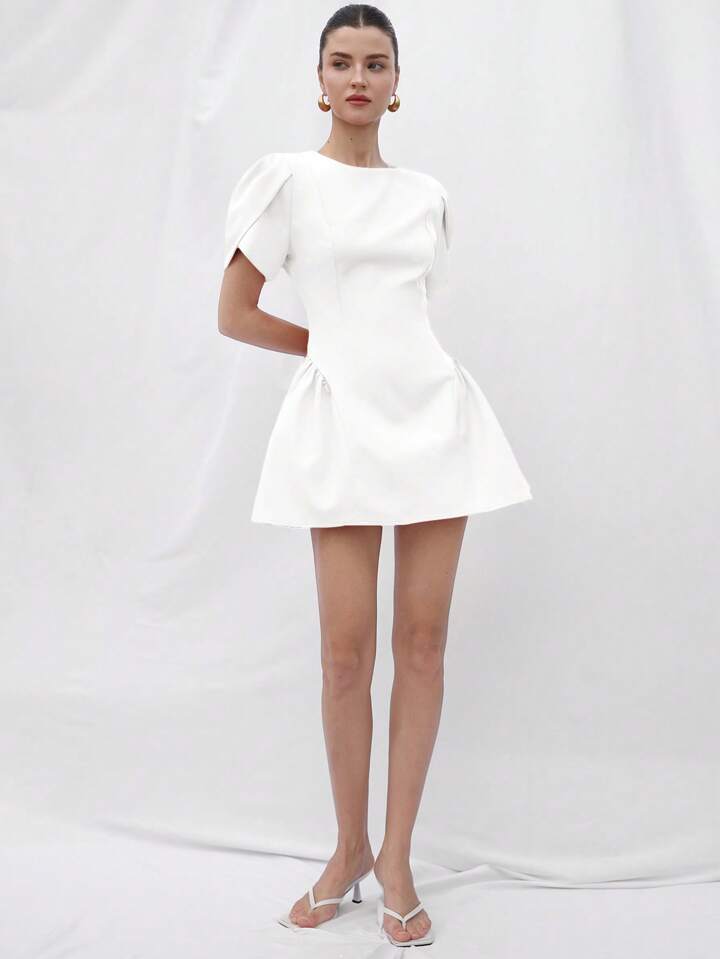 CM-DS855246 Women Elegant Seoul Style Tulip Print Puff Spliced Hem Round Neck Short Sleeve Dress - White