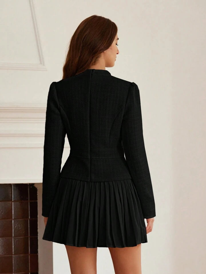 CM-DS651755 Women Elegant Seoul Style Waist Cinching Slimming Textured Patchwork Pleated Dress - Black