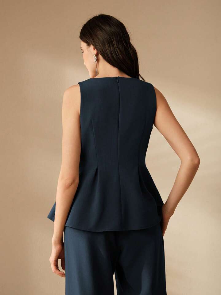 CM-TS289021 Women Elegant Seoul Style Embroidered Waist Fitted A-Line Asymmetrical Hem Tank Top - Navy Blue