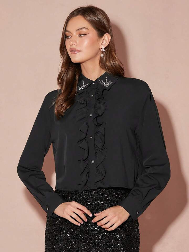 CM-TS993397 Women Elegant Seoul Style Collar Neckline Ruffle Rhinestone Decor Blouse - Black