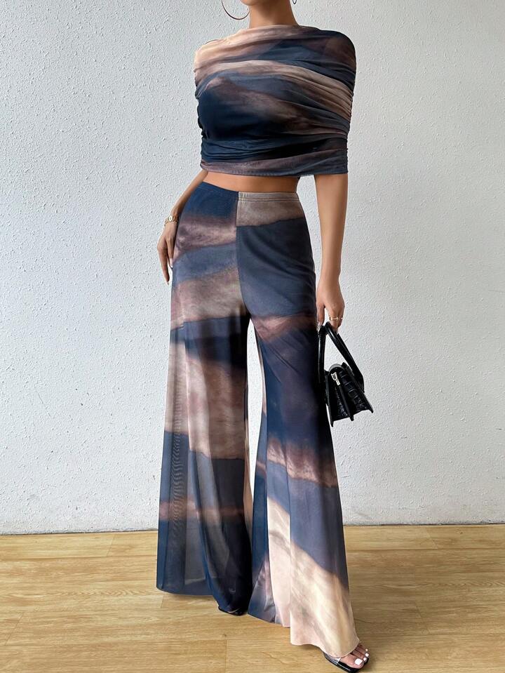 CM-SS410309 Women Trendy Bohemian Style Pleated Slim Fit Top With Wide-Leg Loose Pants - Set