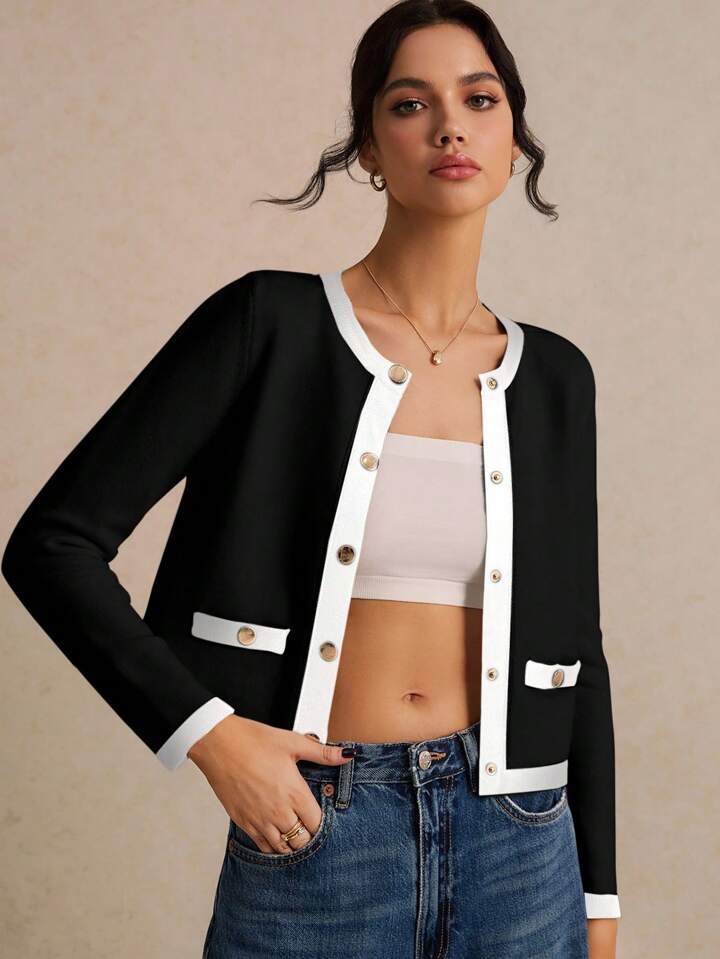 CM-CS834494 Women Casual Seoul Style Color Block Long Sleeve Trim Metal Button Front Knit Cardigan