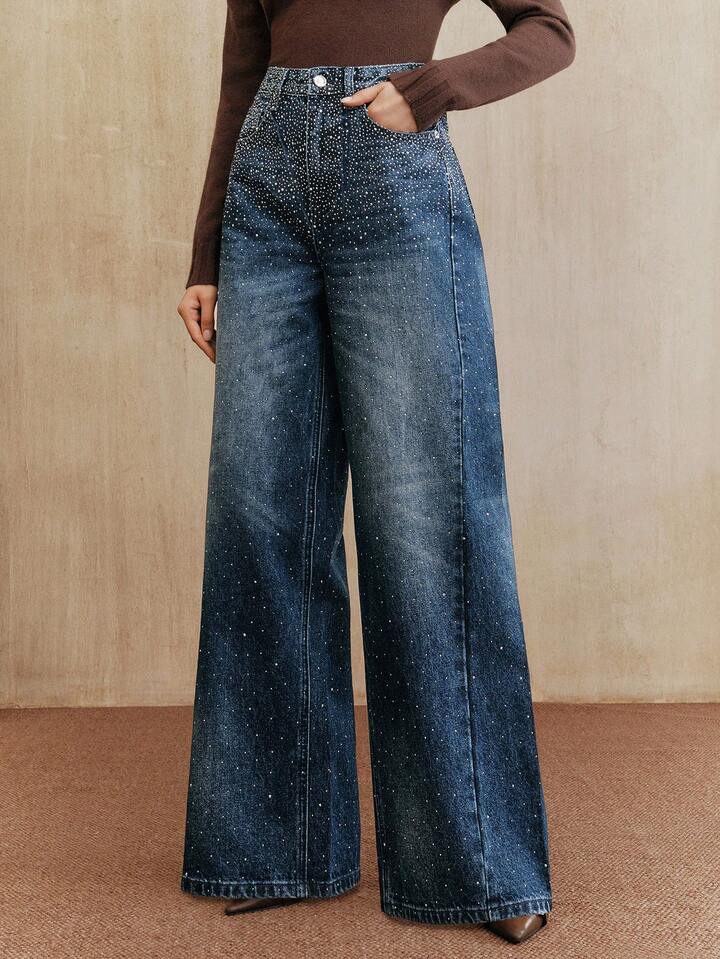 CM-BS052931 Women Elegant Seoul Style Dark Wash Mid Waist Baggy Flared Leg Pants