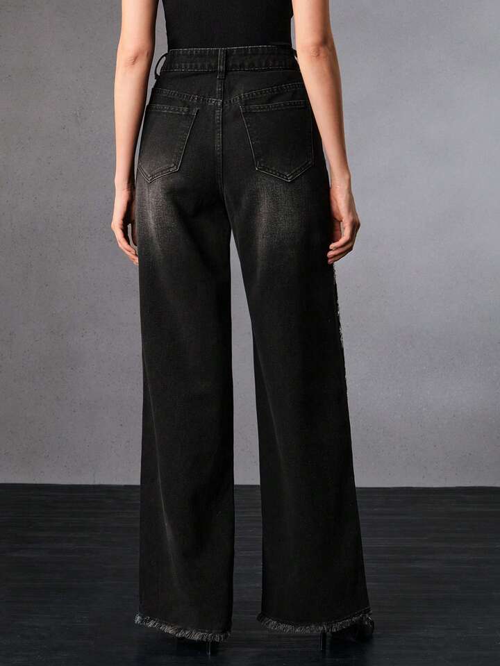 CM-BS400915 Women Elegant Seoul Style Embroidered Hollow-Out Straight Leg Pants - Black