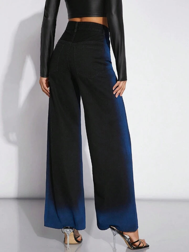 CM-BS546555 Women Casual Seoul Style Ombre Contrast Wide Leg Jeans - Black