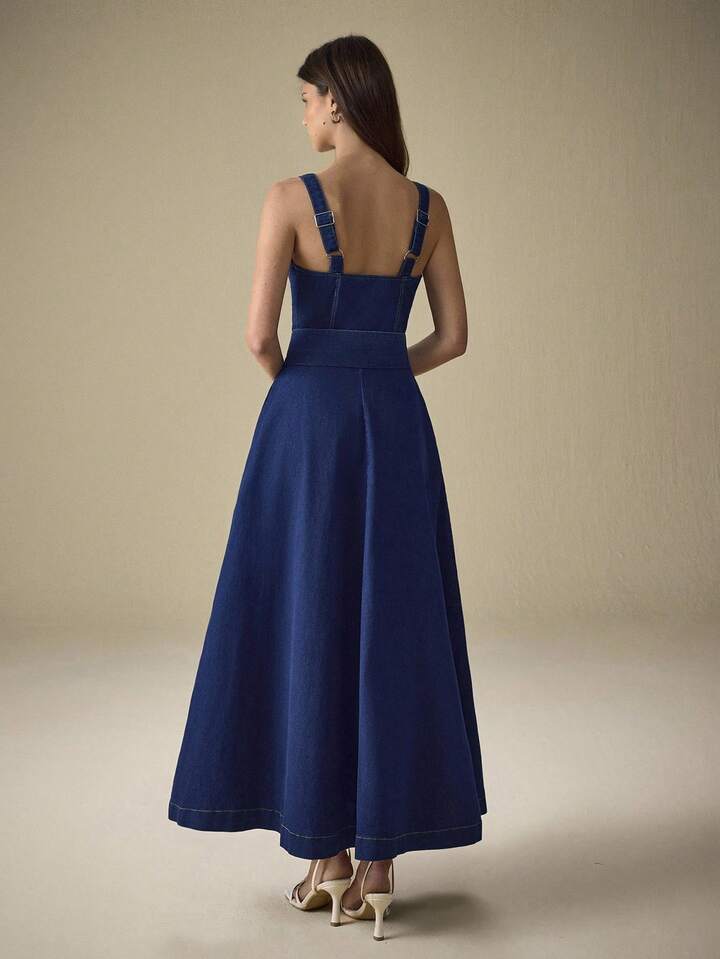 CM-DS980065 Women Elegant Seoul Style Dark Wash Straps Neckline Sleeveless Button Front Buckle Belted Denim Dress