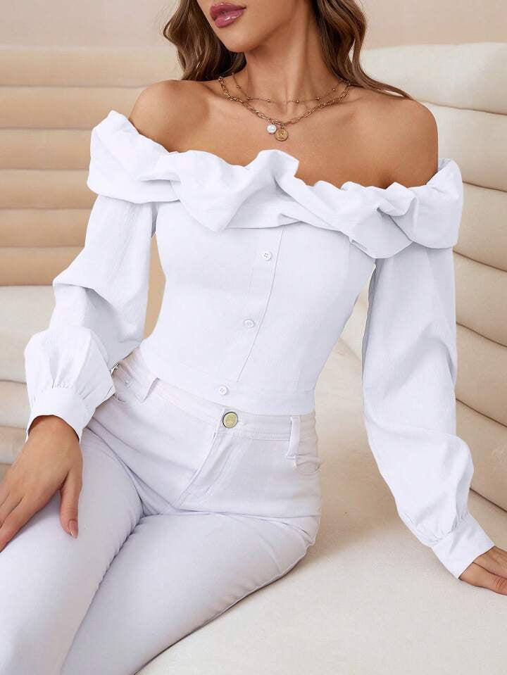 CM-TS011797 Women Elegant Seoul Style Off the Shoulder Long-Sleeved Shirt - White