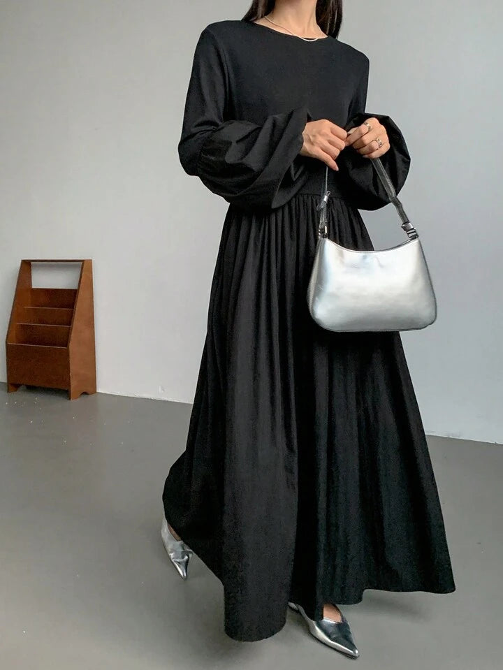 CM-DS465431 Women Casual Seoul Style Solid Color Round Neck Long Flare Sleeve Dress - Black