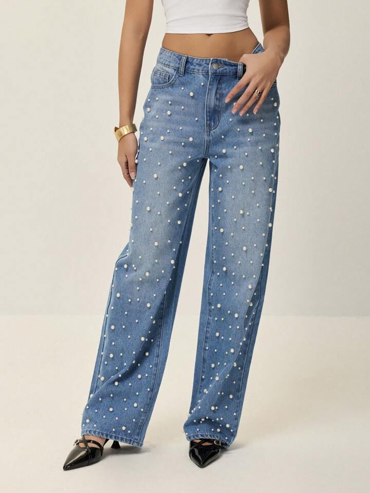 CM-BS821619 Women Elegant Seoul Style Light Wash Pearl Decor Striaght Leg Extra Long Jeans