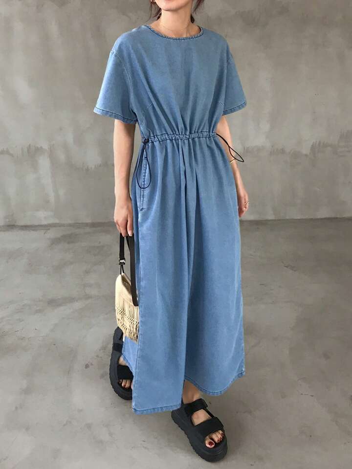 CM-DS589815 Women Casual Seoul Style Round Neck Short Sleeve Drawstring Waist Midi Denim Dress - Blue