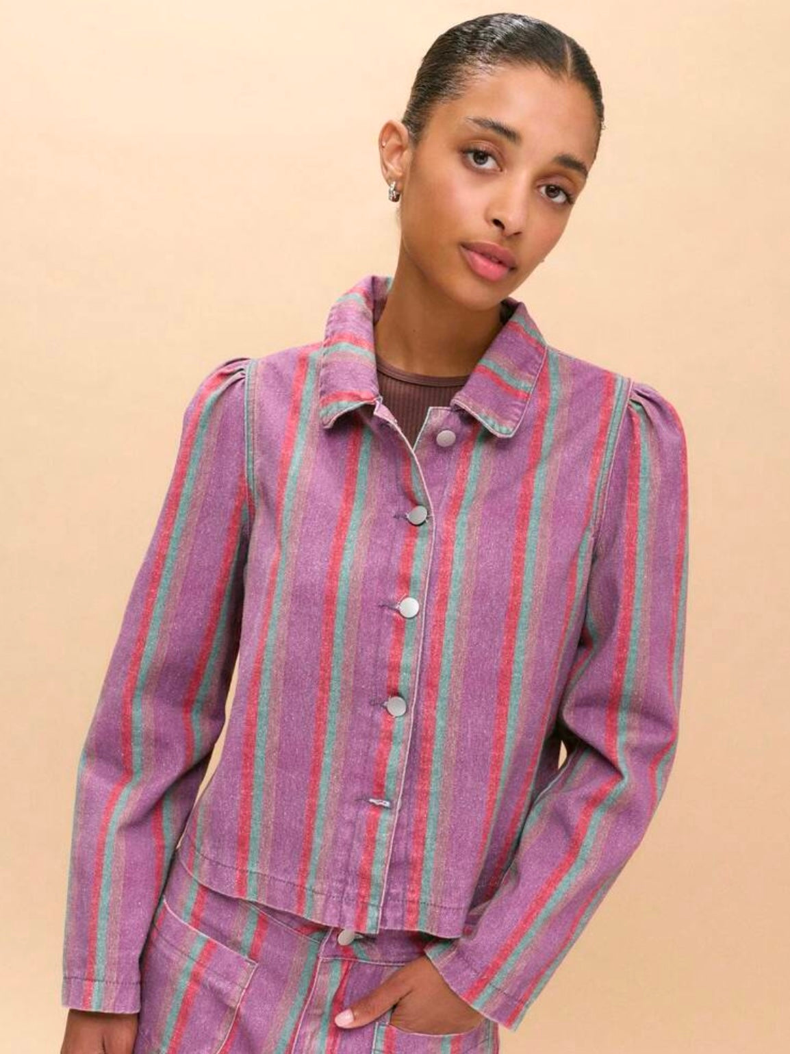 CM-CS651518 Women Elegant Seoul Style Collar Puff Long Sleeve Button Front Striped Jacket