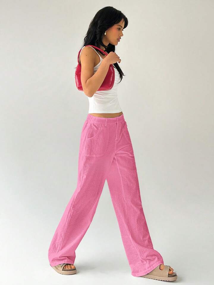 CM-BS234797 Women Casual Seoul Style Solid Color Low Waist Loose Straight Leg Pants - Pink
