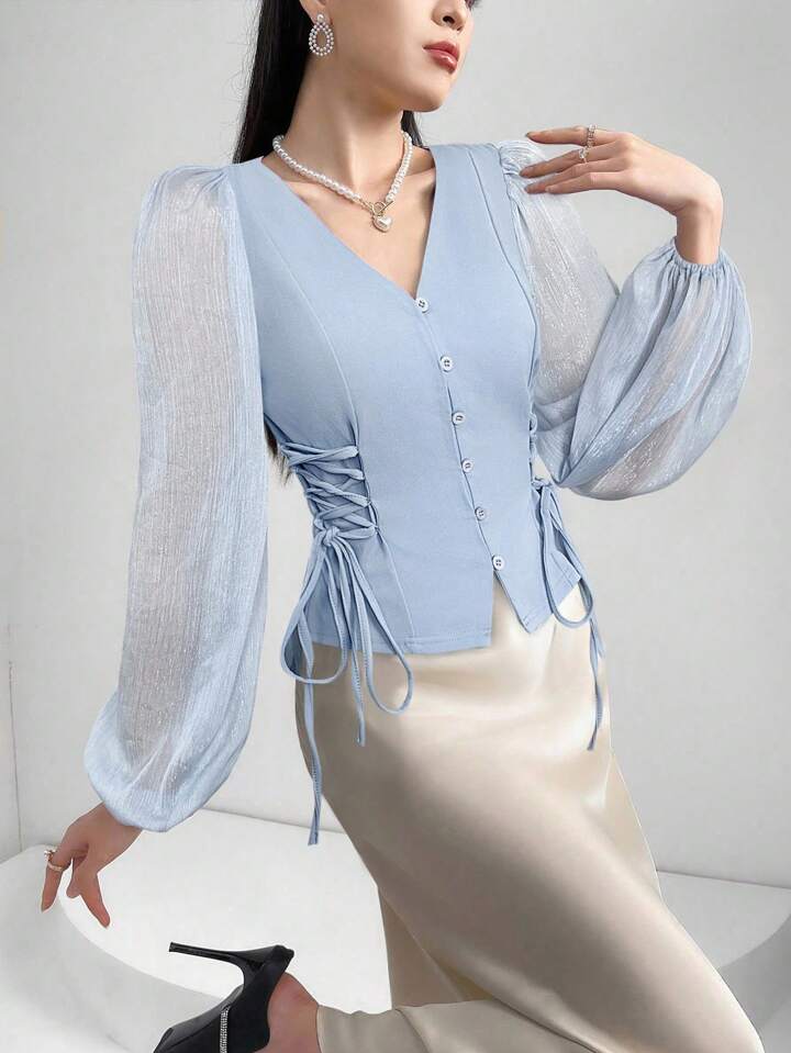 CM-TS863683 Women Elegant Seoul Style Sheer V-Neck Puff Lantern Sleeves Lace-Up Detail Blouse - Blue