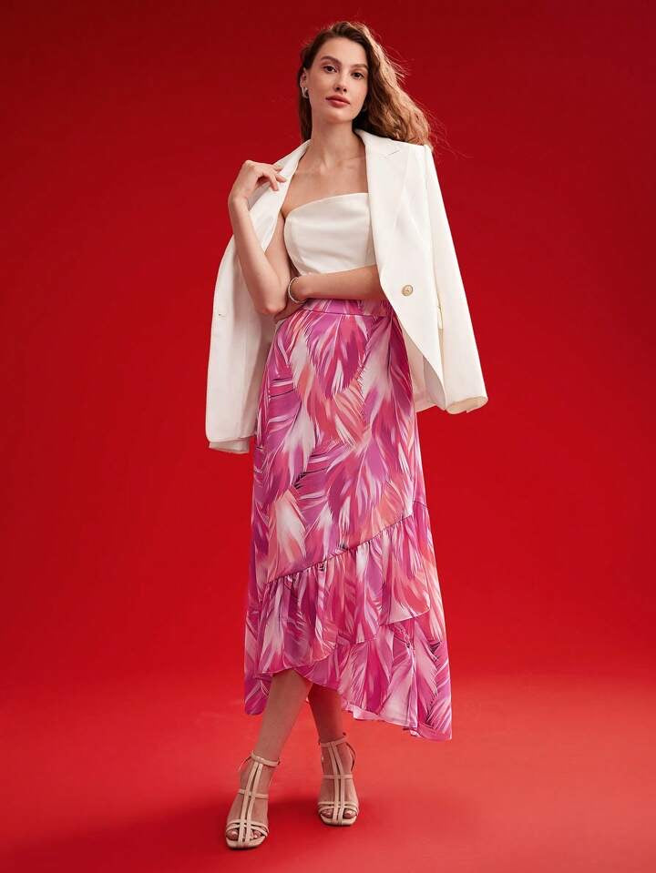 CM-BS335889 Elegant Seoul Style Premium Plant Printed Asymmetrical Ruffle Hem Skirt