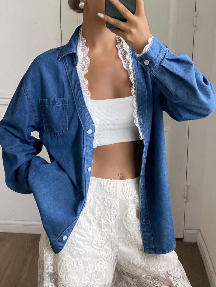 CM-TS166673 Women Casual Seoul Style Lace Trim Collar And Cuffs Drop Shoulder Long Sleeve Denim Top - Blue