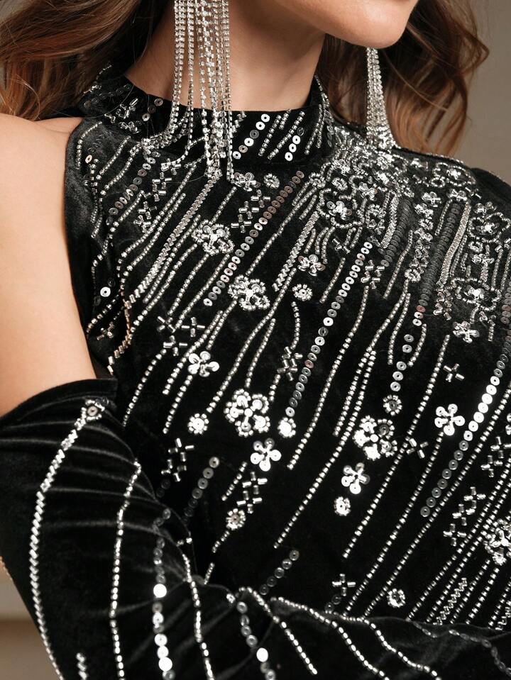 CM-DS045644 Women Elegant Seoul Style Stand Collar Off Shoulder Long Sleeve Fitted Sequin Embellished Dress
