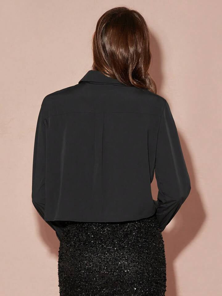 CM-TS993397 Women Elegant Seoul Style Collar Neckline Ruffle Rhinestone Decor Blouse - Black
