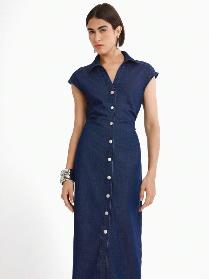 CM-DS021713 Women Casual Seoul Style Dark Wash Collar Neckline Sleeveless Lapel Straight Denim Dress