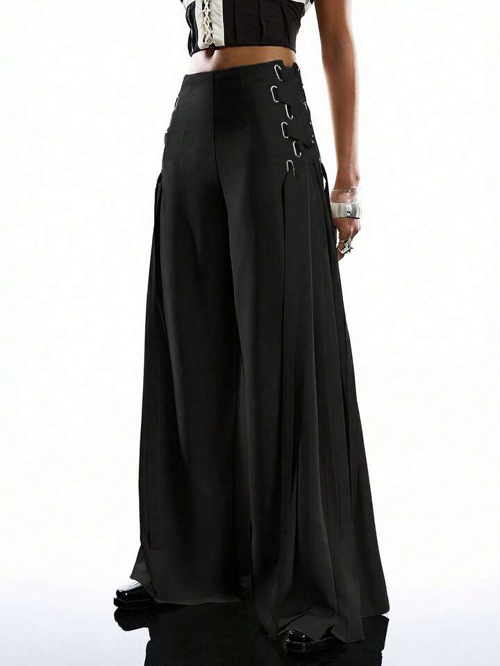 CM-BS550406 Women Casual Seoul Style Solid Color Minimalist Tie-Up Pants Dress Over Pants - Black