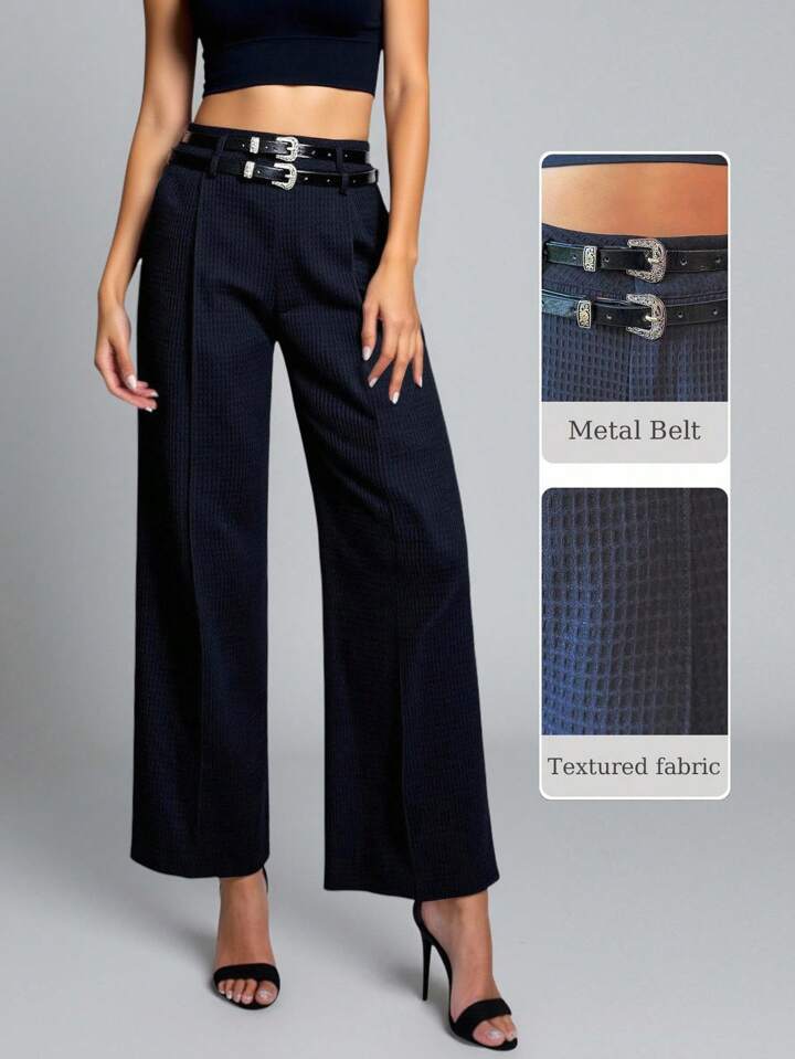 CM-BS675519 Women Elegant Seoul Style Solid Color Mid Waist Waffle Belt Loop Straight Leg Pants - Black