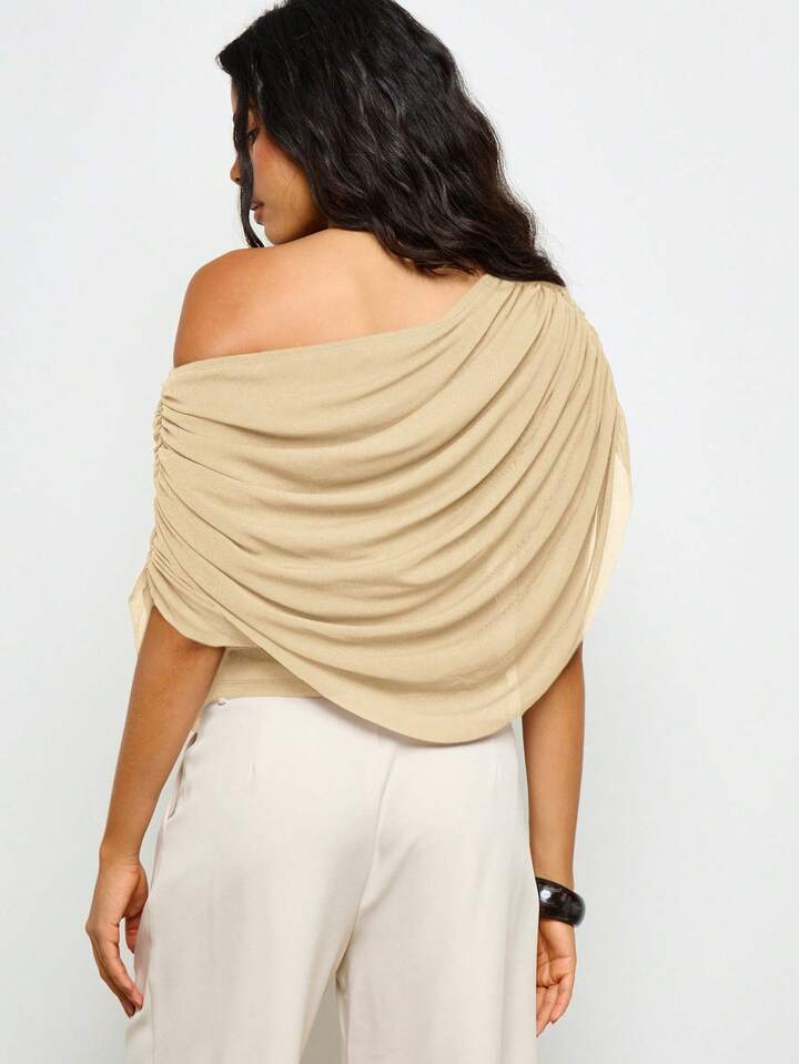 CM-TS355003 Women Elegant Seoul Style Off Shoulder Ruched Draped Long Sleeve Blouse - Cream