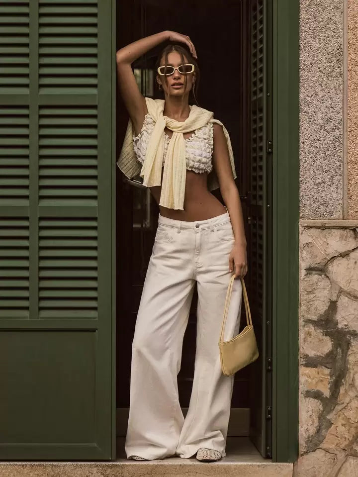 CM-BS468966 Women Casual Seoul Style Mid Rise Wide Leg Denim Jeans - White