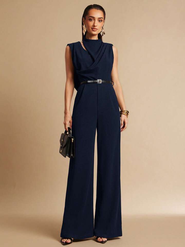 CM-JS658191 Women Elegant Seoul Style Stand Collar Sleeveless Pleated Backless Jumpsuit - Navy Blue