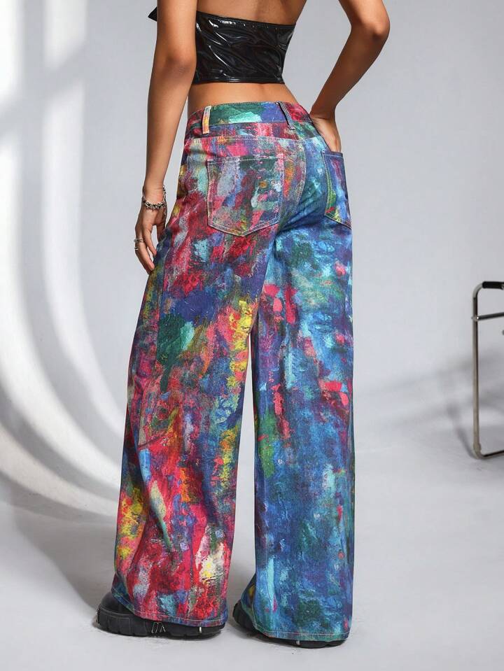 CM-BS865959 Women Casual Seoul Style Mid Waist Tie-Dye Print Extra Long Wide-Leg Jeans
