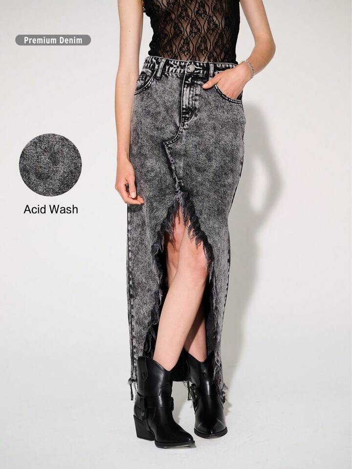 CM-BS452199 Women Casual Seoul Style Acid Wash Non-Stretch Split Thigh Denim Maxi Skirt - Black