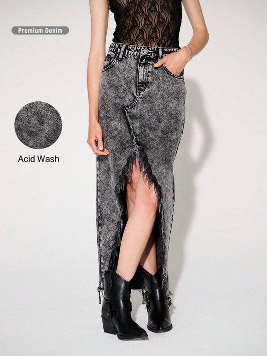 CM-BS452199 Women Casual Seoul Style Acid Wash Non-Stretch Split Thigh Denim Maxi Skirt - Black